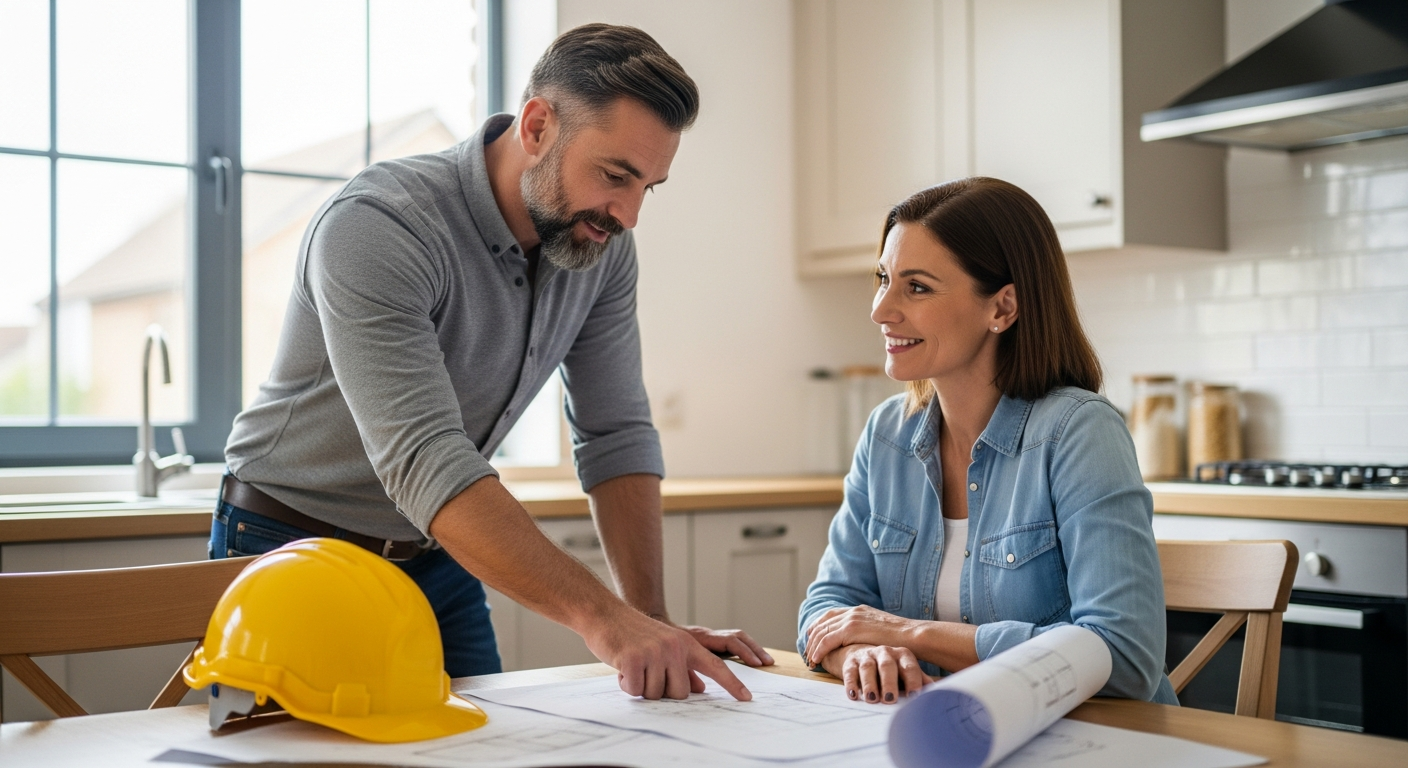 Professional contractor consulting with homeowner