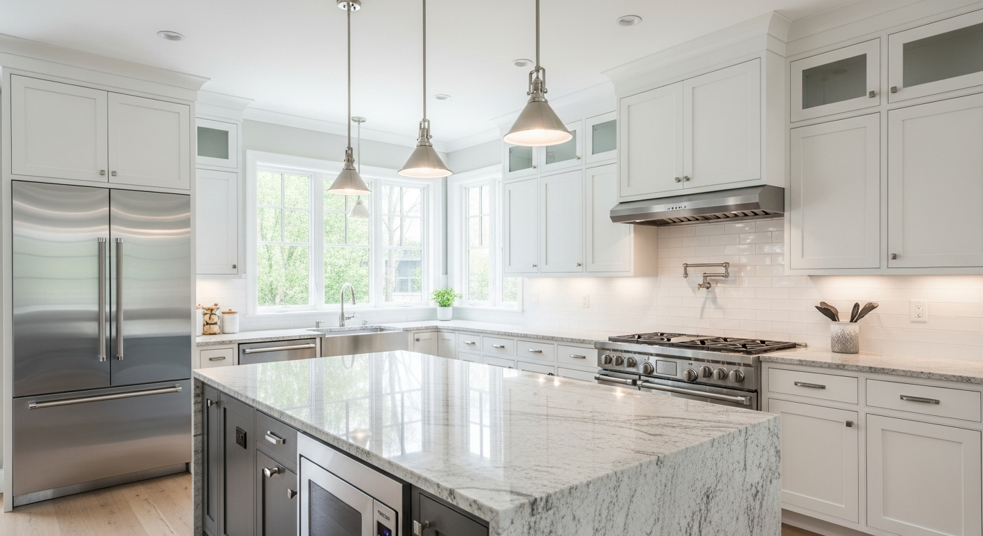 Modern kitchen remodel with white cabinets and granite countertops